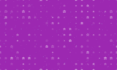 Poster - Seamless background pattern of evenly spaced white baby mobiles of different sizes and opacity. Vector illustration on purple background with stars