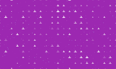Poster - Seamless background pattern of evenly spaced white witch hat symbols of different sizes and opacity. Vector illustration on purple background with stars