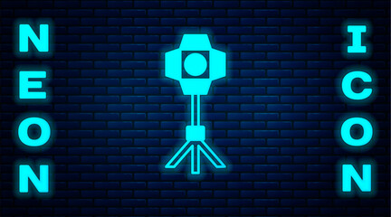 Poster - Glowing neon Studio light bulb in softbox icon isolated on brick wall background. Shadow reflection design. Vector