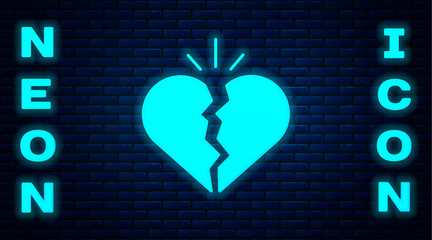 Sticker - Glowing neon Broken heart or divorce icon isolated on brick wall background. Love symbol. Valentines day. Vector