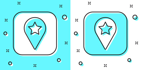 Poster - Black line Location for camping or tours and travels icon isolated on green and white background. Random dynamic shapes. Vector
