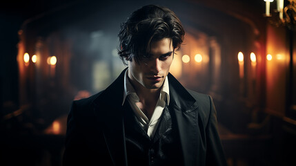 attractive male vampire in a classic suit. protagonist  character of a romantic fantasy novel