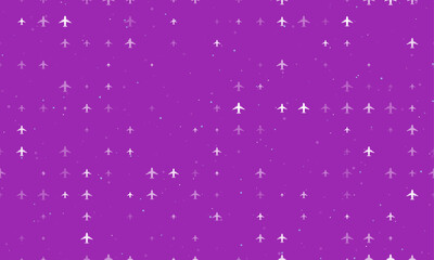 Wall Mural - Seamless background pattern of evenly spaced white airplane symbols of different sizes and opacity. Vector illustration on purple background with stars