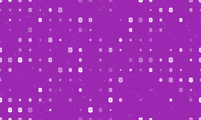 Poster - Seamless background pattern of evenly spaced white police badge symbols of different sizes and opacity. Vector illustration on purple background with stars