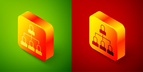 Poster - Isometric Business hierarchy organogram chart infographics icon isolated on green and red background. Corporate organizational structure graphic elements. Square button. Vector