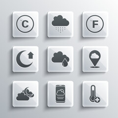 Sticker - Set Weather forecast, Meteorology thermometer, Location cloud, Cloud with rain, moon, Moon, Celsius and Fahrenheit icon. Vector