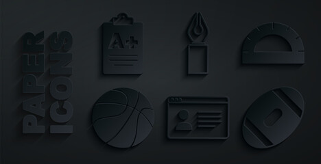 Poster - Set Online class, Protractor grid, Basketball ball, American Football, Fountain pen nib and Exam sheet with plus grade icon. Vector