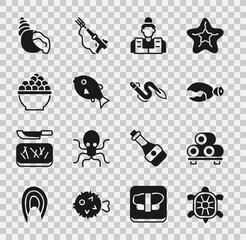 Wall Mural - Set Turtle, Sushi on cutting board, Lobster or crab claw, Fisherman, Tropical fish, Caviar, Scallop sea shell and Eel icon. Vector