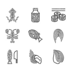 Wall Mural - Set Tropical fish, Scallop sea shell, Mussel, Fish steak, with sliced pieces, Lobster, Sushi and Octopus icon. Vector