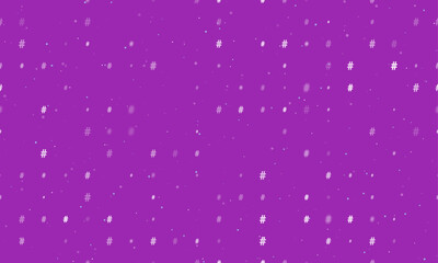 Poster - Seamless background pattern of evenly spaced white hash symbols of different sizes and opacity. Vector illustration on purple background with stars