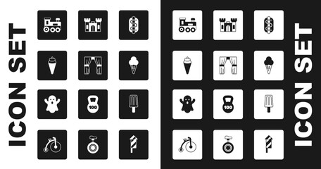 Sticker - Set Hotdog sandwich, Circus curtain raises, Ice cream waffle cone, Toy train, Castle, and Ghost icon. Vector