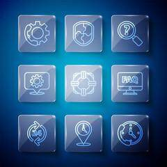Poster - Set line Telephone 24 hours support, Location with clock, Unknown search, Lifebuoy, gear, and Computer monitor and FAQ icon. Vector