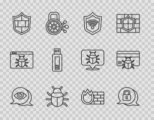 Poster - Set line Eye scan, Cyber security, Shield with WiFi wireless, System bug, brick wall, USB flash drive, Firewall, and in credit card icon. Vector