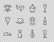 Set line Men shoes, Mannequin, Bottle of olive oil, Woman dress, Vitruvian, Coffee cup, Mandolin and wine icon. Vector