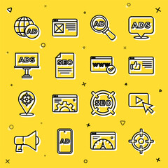 Poster - Set line Target sport, Advertising, Browser window, SEO optimization, and Website template icon. Vector