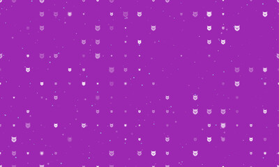 Poster - Seamless background pattern of evenly spaced white owl head symbols of different sizes and opacity. Vector illustration on purple background with stars