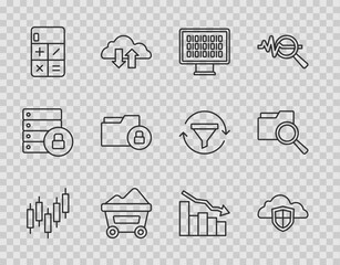 Poster - Set line Browser with stocks market, Cloud and shield, Binary code, Coal mine trolley, Calculator, Folder lock, Financial growth decrease and Search folder icon. Vector