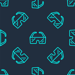 Sticker - Green line Safety goggle glasses icon isolated seamless pattern on blue background. Vector