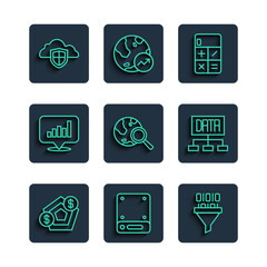 Poster - Set line Financial growth, Server, Binary code, Calculator, Search globe, Pie chart infographic, Cloud and shield and Data analysis icon. Vector