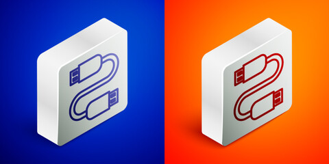 Sticker - Isometric line USB cable cord icon isolated on blue and orange background. Connectors and sockets for PC and mobile devices. Silver square button. Vector