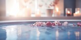 Relaxing in spa swimming pool with rose petals and candles - generative ai