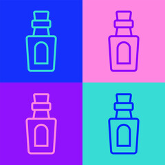 Sticker - Pop art line Bottle with potion icon isolated on color background. Flask with magic potion. Happy Halloween party. Vector