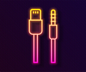 Poster - Glowing neon line USB cable cord icon isolated on black background. Connectors and sockets for PC and mobile devices. Vector