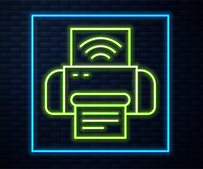 Poster - Glowing neon line Smart printer system icon isolated on brick wall background. Internet of things concept with wireless connection. Vector