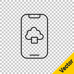 Poster - Black line Cloud technology data transfer and storage icon isolated on transparent background. Vector