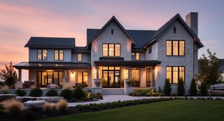 House at Dusk with a Modern Farmhouse Design Featuring Stone and Brick Exterior, Architectural Windows, and Beautiful Landscaping