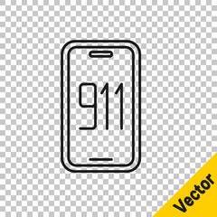 Canvas Print - Black line Mobile phone with emergency call 911 icon isolated on transparent background. Police, ambulance, fire department, call, phone. Vector