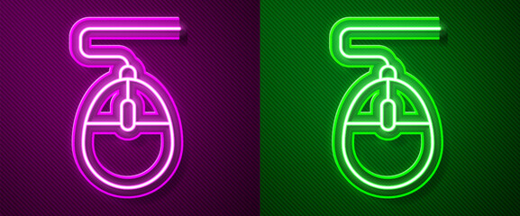 Poster - Glowing neon line Computer mouse gaming icon isolated on purple and green background. Optical with wheel symbol. Vector
