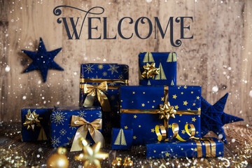 Wall Mural - Text Welcome, Christmas Gifts, Snowfall