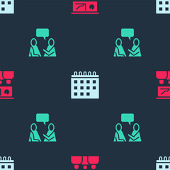 Poster - Set Training, presentation, Calendar and Two sitting men talking on seamless pattern. Vector