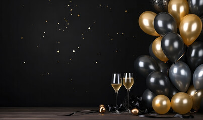 Happy new year background with balloons and glasses of champagne