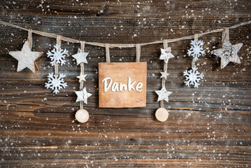 Wall Mural - Wooden Decorated Christmas Label With Text Danke, Snowy