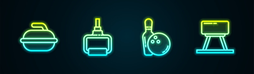 Poster - Set line Stone for curling sport game, TPX loop training equipment, Bowling pin and ball and Pommel horse. Glowing neon icon. Vector