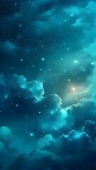 Wall Mural - Cerulean blue and green gradient mystical sky with clouds and stars phone background wallpaper, ai generated
