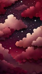 Wall Mural - Burgundy crimson red 3d layer gradient mystical sky with clouds and stars phone background wallpaper, ai generated
