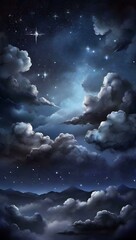 Wall Mural - Charcoal and silver dark gradient mystical sky with clouds and stars phone background wallpaper, ai generated