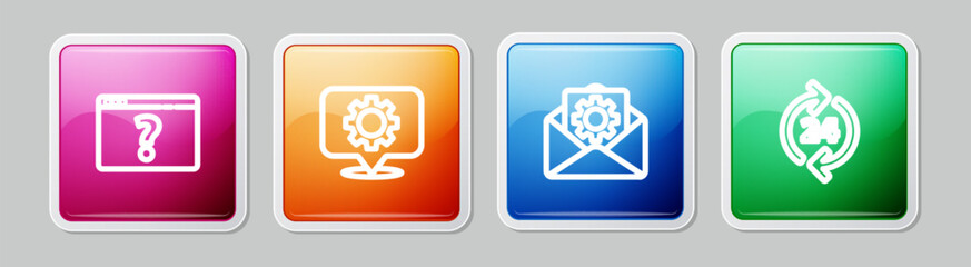 Poster - Set line Browser with question mark, Location gear, Envelope setting and Telephone 24 hours support. Colorful square button. Vector