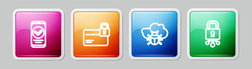 Poster - Set line Smartphone, Credit card with lock, System bug cloud and Cyber security. Colorful square button. Vector