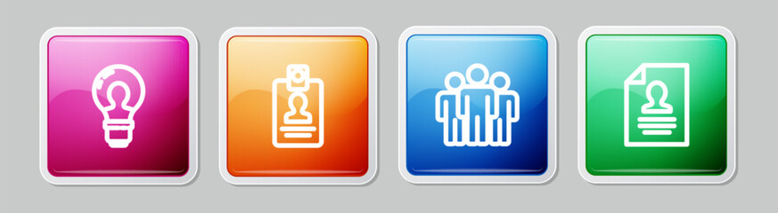 Sticker - Set line Head with lamp bulb, Identification badge, Users group and Resume. Colorful square button. Vector