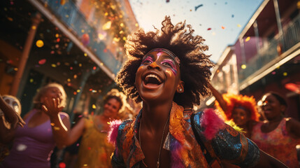 A cheerful, cheerful holiday atmosphere at the street carnival of African-American musicians in a southern town.