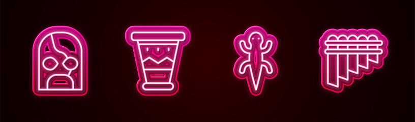 Wall Mural - Set line Mexican wrestler, drum, Lizard and Pan flute. Glowing neon icon. Vector