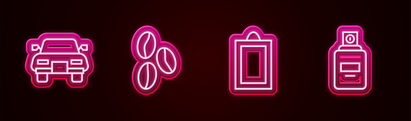 Sticker - Set line Car, Coffee beans, Picture and Perfume. Glowing neon icon. Vector