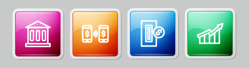 Poster - Set line Bank building, Money payment transfer, Inserting coin and Financial growth increase. Colorful square button. Vector