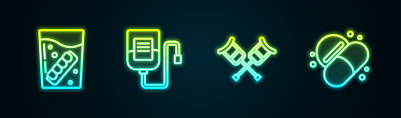 Sticker - Set line False jaw in glass, IV bag, Crutch or crutches and Medicine pill tablet. Glowing neon icon. Vector