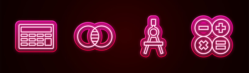 Sticker - Set line Calculator, Mathematics sets A and B, Drawing compass and . Glowing neon icon. Vector