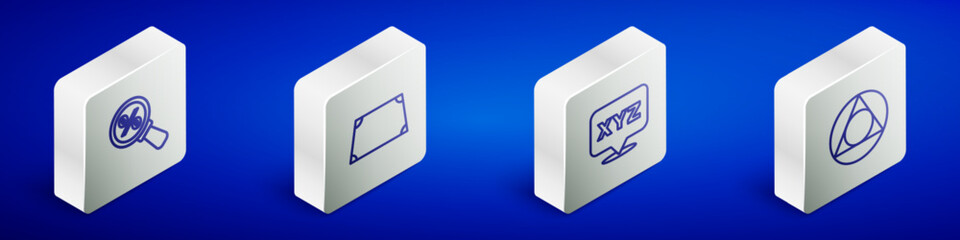 Poster - Set Isometric line Magnifying glass with percent, Acute trapezoid shape, XYZ Coordinate system and Triangle math icon. Vector